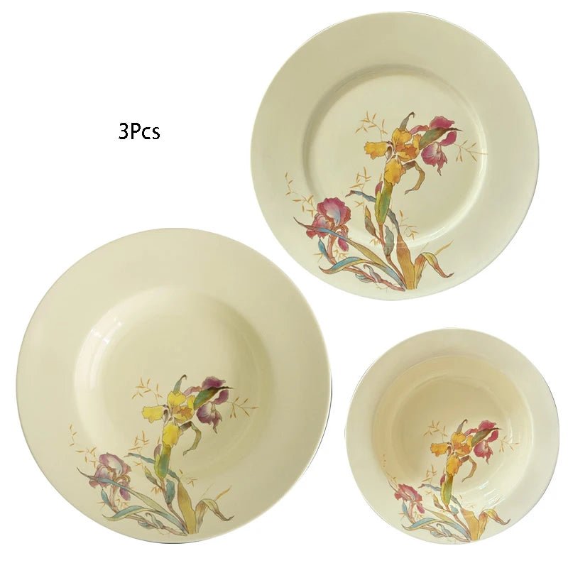 Ensemble de vaisselle en céramique motif iris français - Assiettes, bols à soupe et dessert pour cuisine gastronomique - Cuisine Chez Nadine