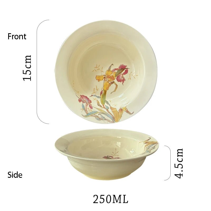 Ensemble de vaisselle en céramique motif iris français - Assiettes, bols à soupe et dessert pour cuisine gastronomique - Cuisine Chez Nadine
