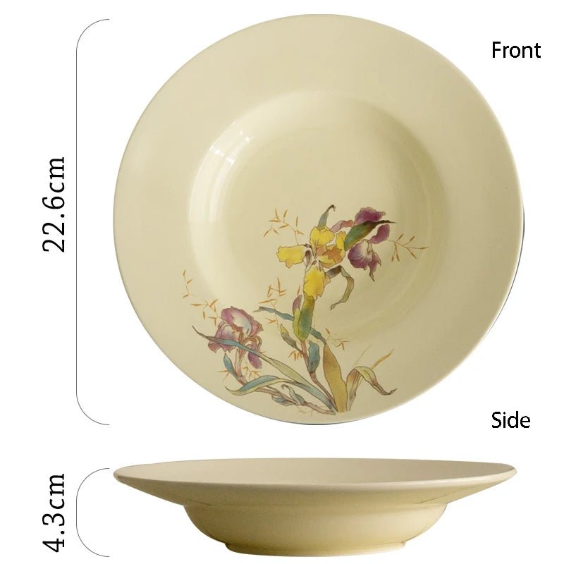 Ensemble de vaisselle en céramique motif iris français - Assiettes, bols à soupe et dessert pour cuisine gastronomique - Cuisine Chez Nadine