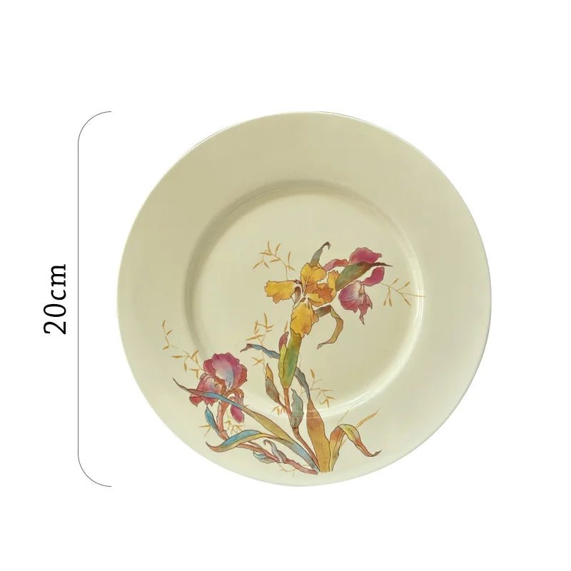 Ensemble de vaisselle en céramique motif iris français - Assiettes, bols à soupe et dessert pour cuisine gastronomique - Cuisine Chez Nadine
