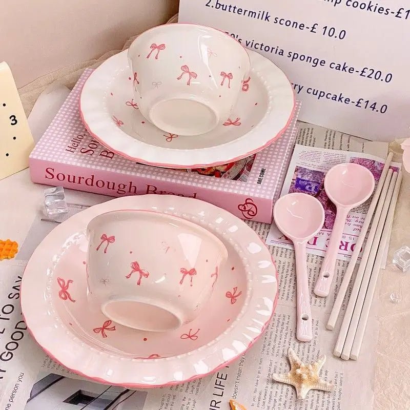 Ensemble de vaisselle en céramique style coréen avec motif nœud - Bols et assiettes pour repas, salade et dessert - Cuisine Chez Nadine
