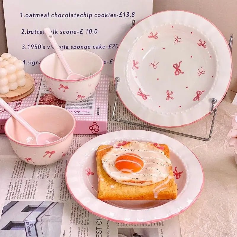Ensemble de vaisselle en céramique style coréen avec motif nœud - Bols et assiettes pour repas, salade et dessert - Cuisine Chez Nadine