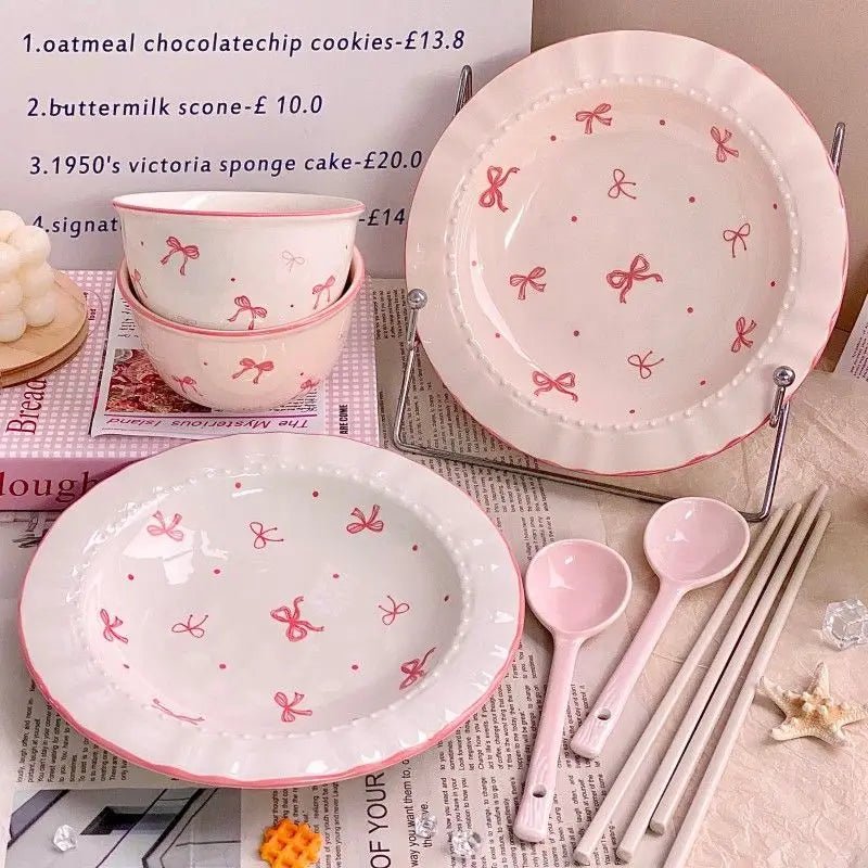 Ensemble de vaisselle en céramique style coréen avec motif nœud - Bols et assiettes pour repas, salade et dessert - Cuisine Chez Nadine