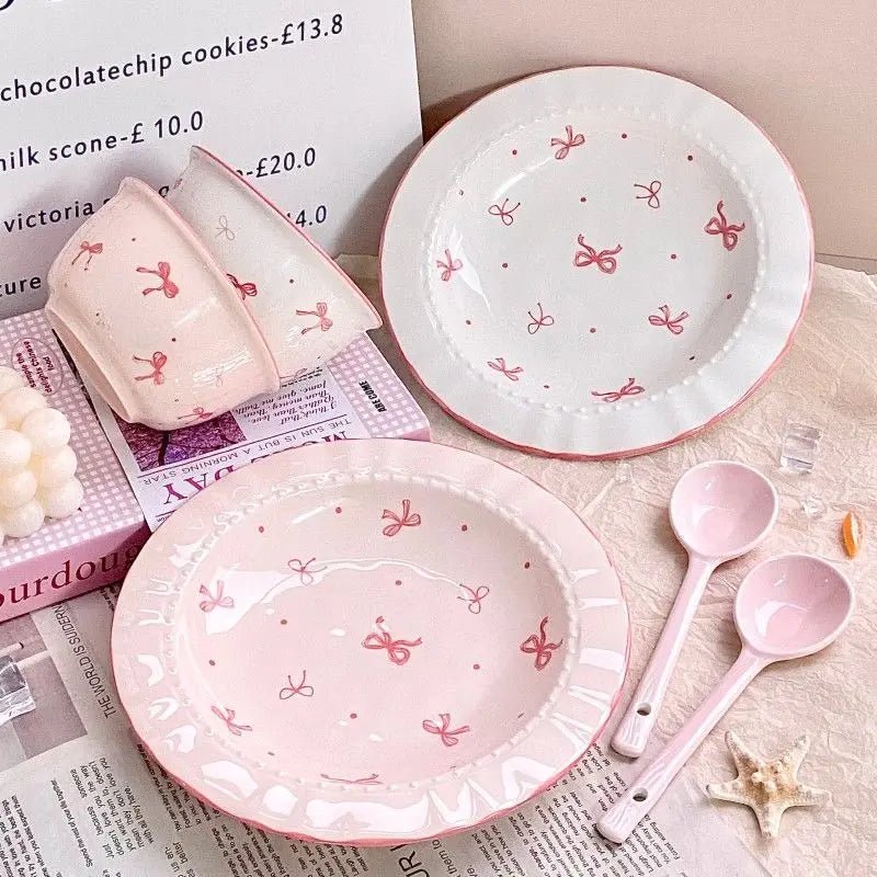 Ensemble de vaisselle en céramique style coréen avec motif nœud - Bols et assiettes pour repas, salade et dessert - Cuisine Chez Nadine