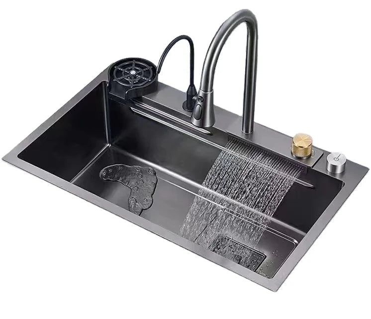Ensemble Évier de Cuisine en Inox Brossé – Bac Simple avec Robinet Cascade Extractible, 3 Tailles - Cuisine Chez Nadine