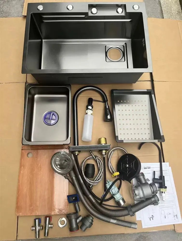 Ensemble Évier de Cuisine en Inox Brossé – Bac Simple avec Robinet Cascade Extractible, 3 Tailles - Cuisine Chez Nadine