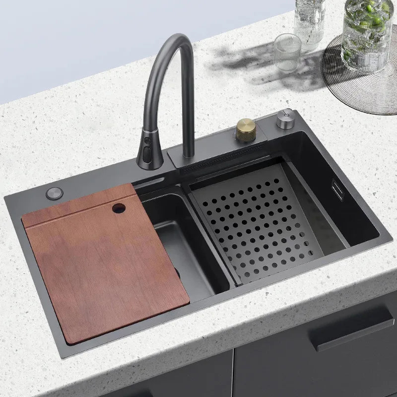 Ensemble Évier de Cuisine en Inox Brossé – Bac Simple avec Robinet Cascade Extractible, 3 Tailles - Cuisine Chez Nadine