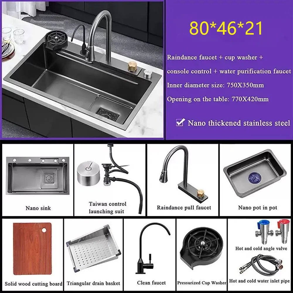 Ensemble Évier de Cuisine en Inox Brossé – Bac Simple avec Robinet Cascade Extractible, 3 Tailles - Cuisine Chez Nadine