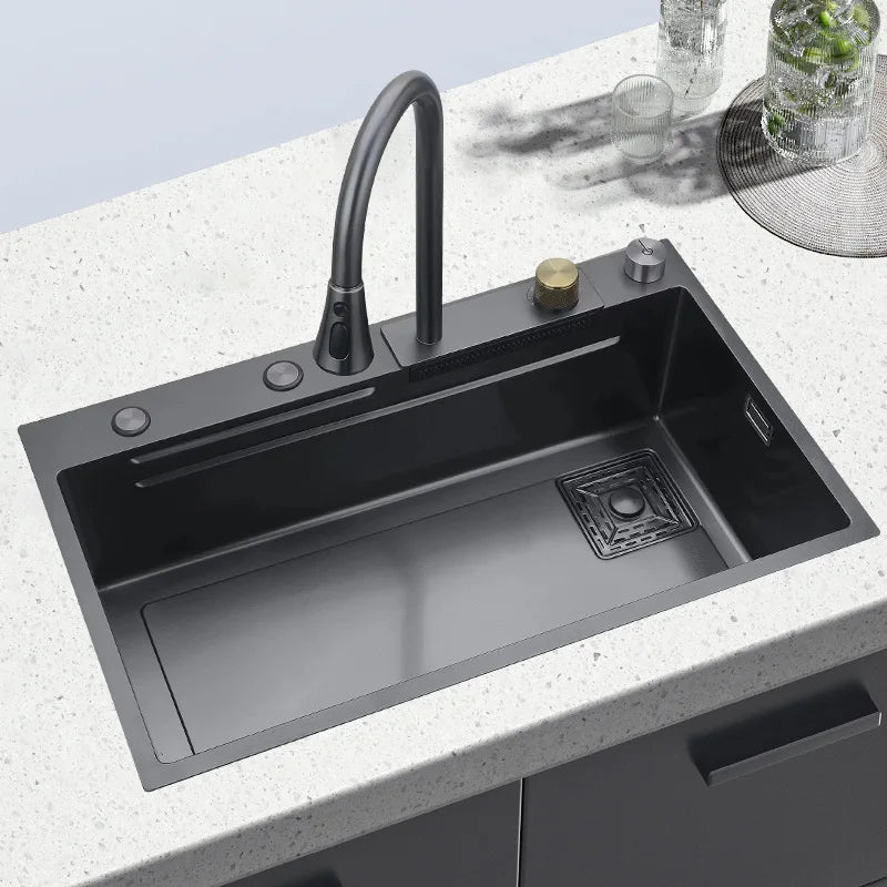 Ensemble Évier de Cuisine en Inox Brossé – Bac Simple avec Robinet Cascade Extractible, 3 Tailles - Cuisine Chez Nadine