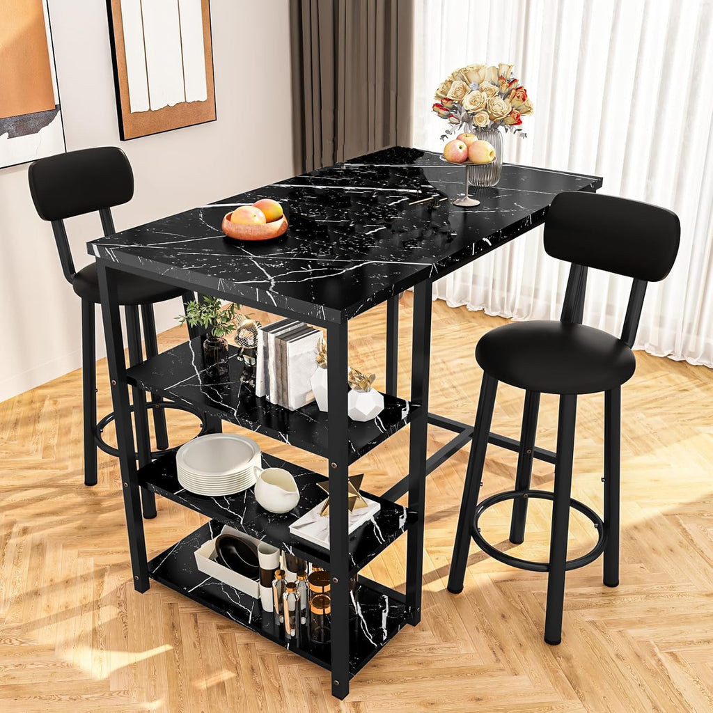 Ensemble Table Cuisine 2 Personnes pour Petit Espace - Îlot Cuisine Haute avec 2 Tabourets Cuir PU Dossier Noir Moderne - Cuisine Chez Nadine