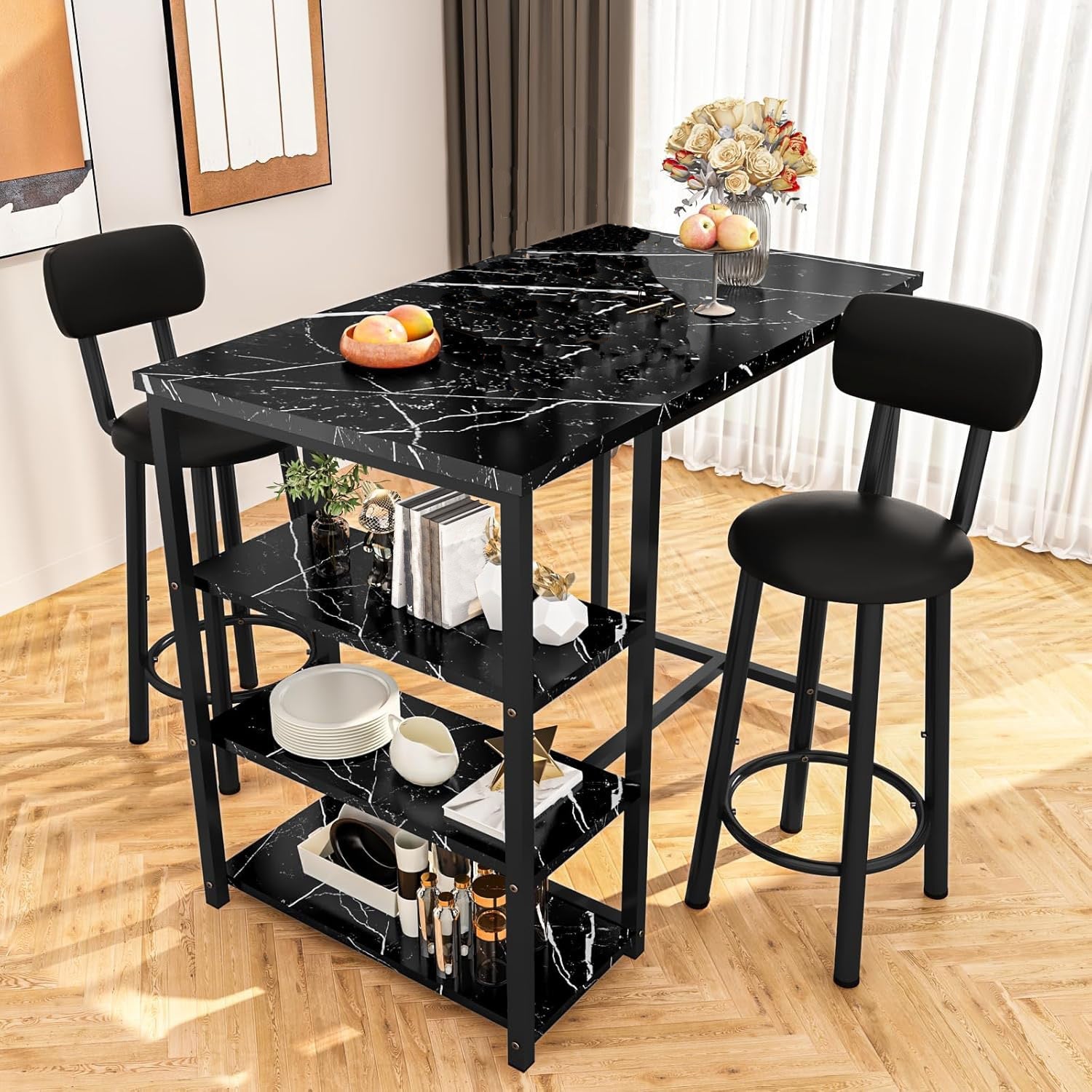 Ensemble Table Cuisine 2 Personnes pour Petit Espace - Îlot Cuisine Haute avec 2 Tabourets Cuir PU Dossier Noir Moderne - Cuisine Chez Nadine