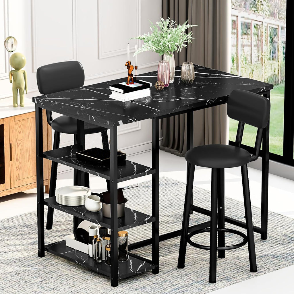 Ensemble Table Cuisine 2 Personnes pour Petit Espace - Îlot Cuisine Haute avec 2 Tabourets Cuir PU Dossier Noir Moderne - Cuisine Chez Nadine