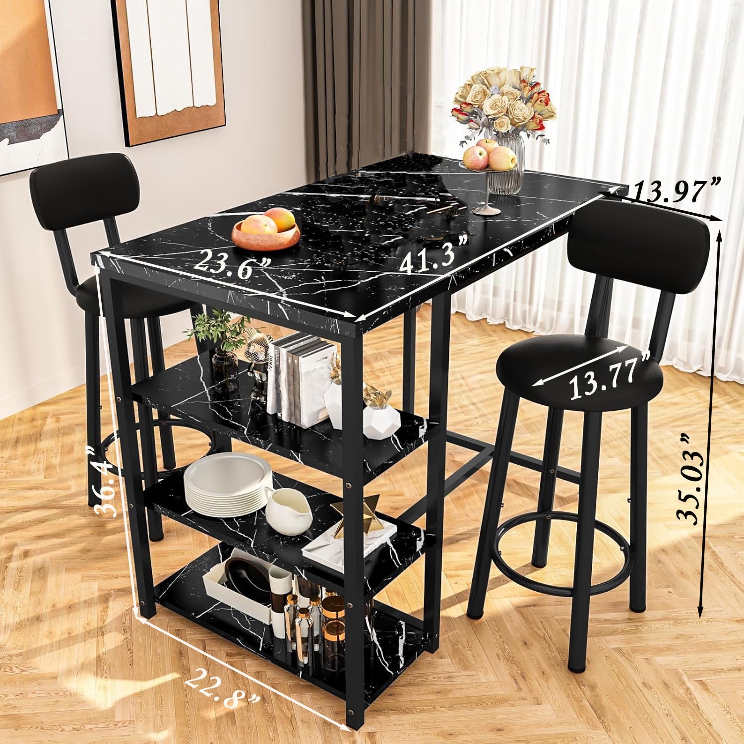 Ensemble Table Cuisine 2 Personnes pour Petit Espace - Îlot Cuisine Haute avec 2 Tabourets Cuir PU Dossier Noir Moderne - Cuisine Chez Nadine