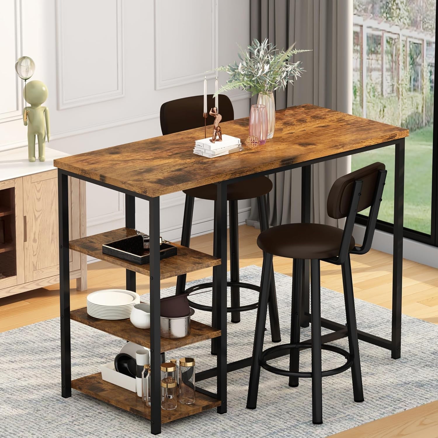 Ensemble Table Cuisine 2 Personnes pour Petit Espace - Îlot Cuisine Haute avec 2 Tabourets Cuir PU Dossier Noir Moderne - Cuisine Chez Nadine