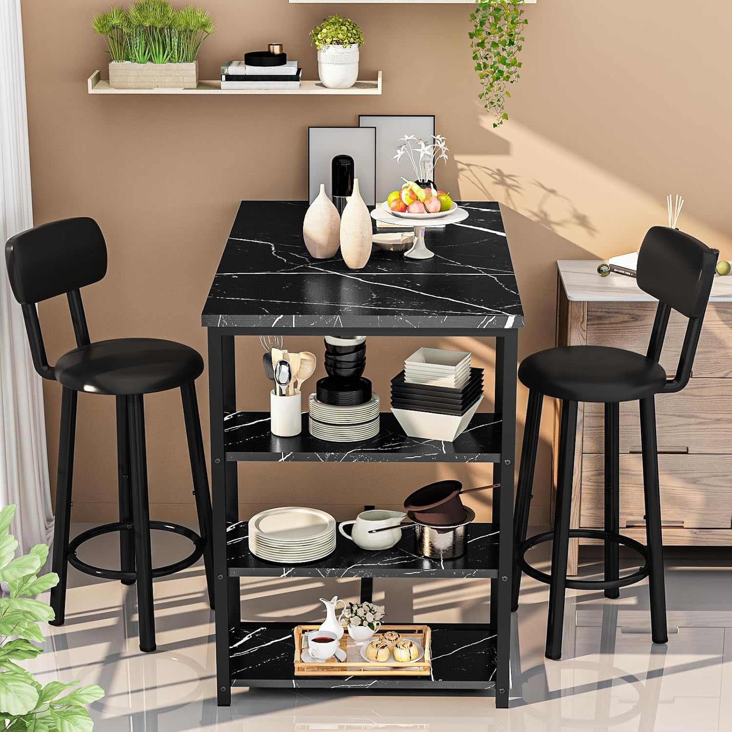 Ensemble Table Cuisine 2 Personnes pour Petit Espace - Îlot Cuisine Haute avec 2 Tabourets Cuir PU Dossier Noir Moderne - Cuisine Chez Nadine
