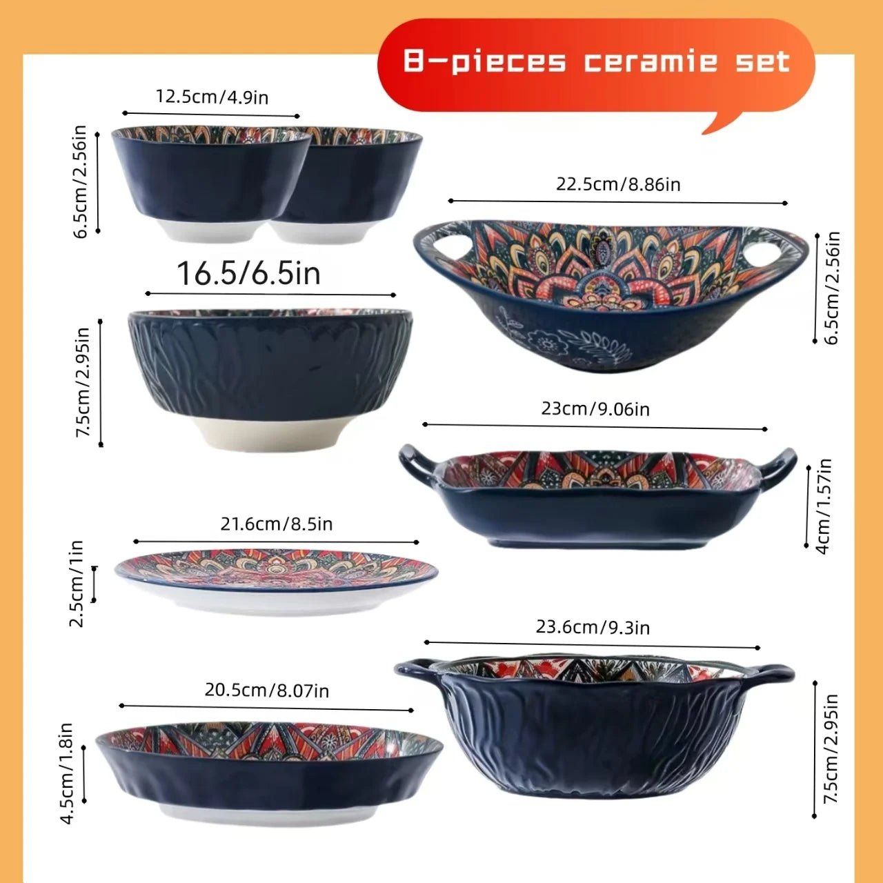 Ensemble Vaisselle en Céramique Bohème 8 Pièces - Bols à Riz, Bols à Nouilles et Soupier avec Anses pour Maison - Cuisine Chez Nadine