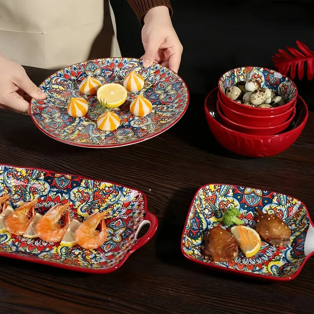 Ensemble Vaisselle en Céramique Bohème 8 Pièces - Bols à Riz, Bols à Nouilles et Soupier avec Anses pour Maison - Cuisine Chez Nadine
