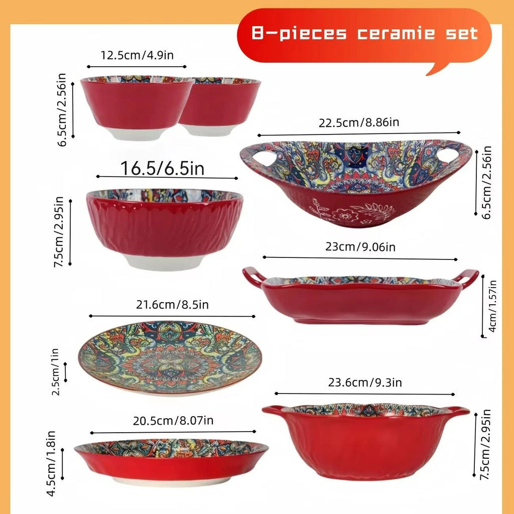 Ensemble Vaisselle en Céramique Bohème 8 Pièces - Bols à Riz, Bols à Nouilles et Soupier avec Anses pour Maison - Cuisine Chez Nadine