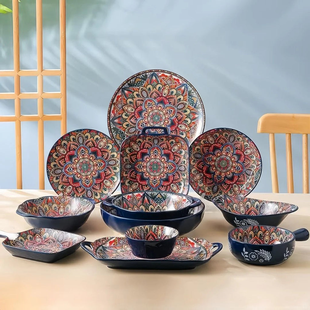 Ensemble Vaisselle en Céramique Bohème 8 Pièces - Bols à Riz, Bols à Nouilles et Soupier avec Anses pour Maison - Cuisine Chez Nadine