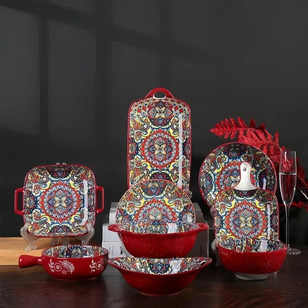 Ensemble Vaisselle en Céramique Bohème 8 Pièces - Bols à Riz, Bols à Nouilles et Soupier avec Anses pour Maison - Cuisine Chez Nadine