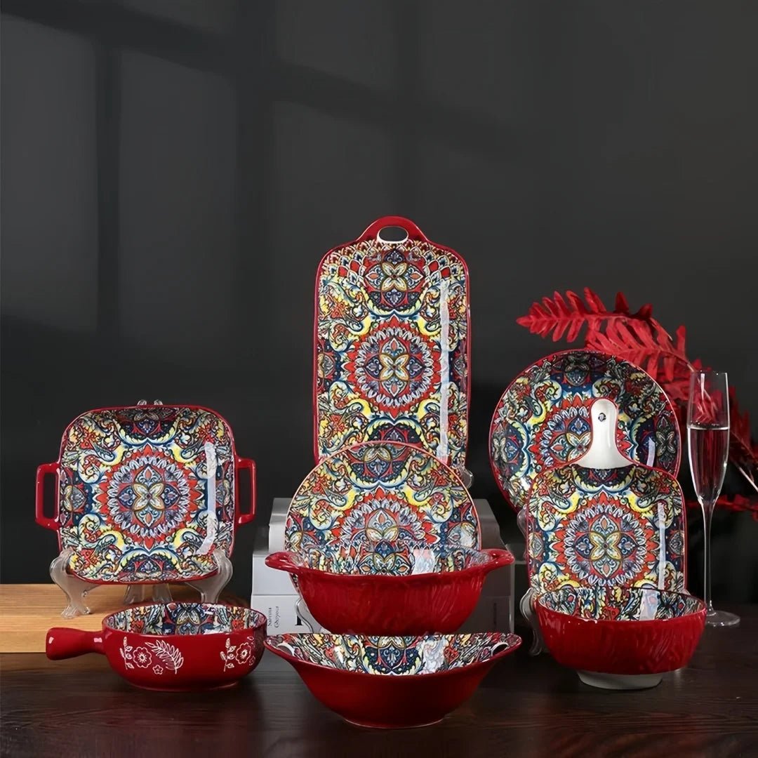 Ensemble Vaisselle en Céramique Bohème 8 Pièces - Bols à Riz, Bols à Nouilles et Soupier avec Anses pour Maison - Cuisine Chez Nadine