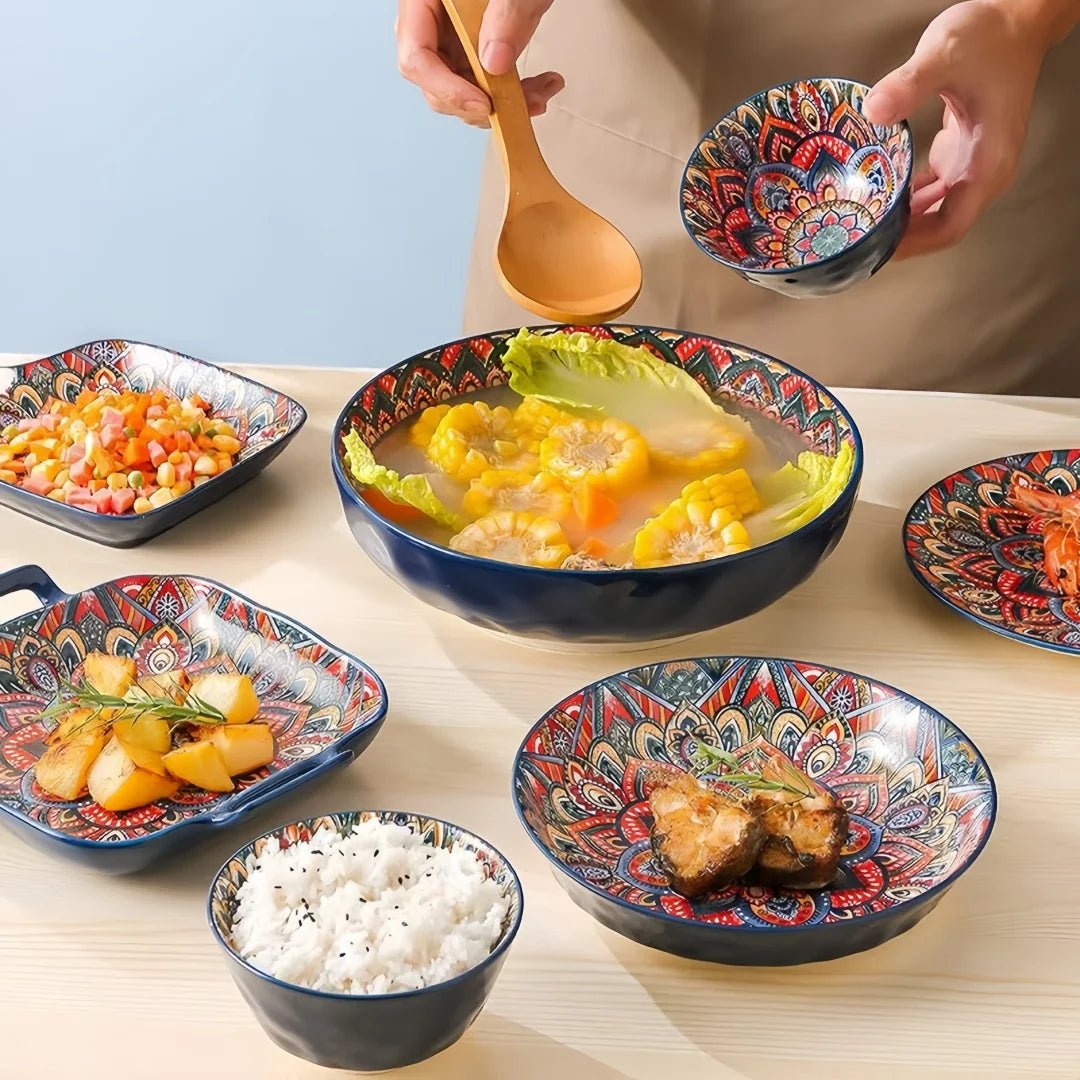 Ensemble Vaisselle en Céramique Bohème 8 Pièces - Bols à Riz, Bols à Nouilles et Soupier avec Anses pour Maison - Cuisine Chez Nadine