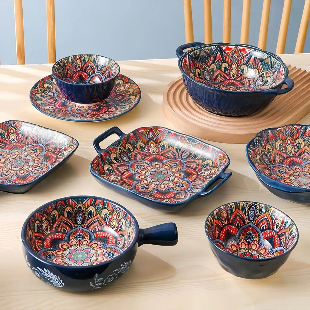 Ensemble Vaisselle en Céramique Bohème 8 Pièces - Bols à Riz, Bols à Nouilles et Soupier avec Anses pour Maison - Cuisine Chez Nadine