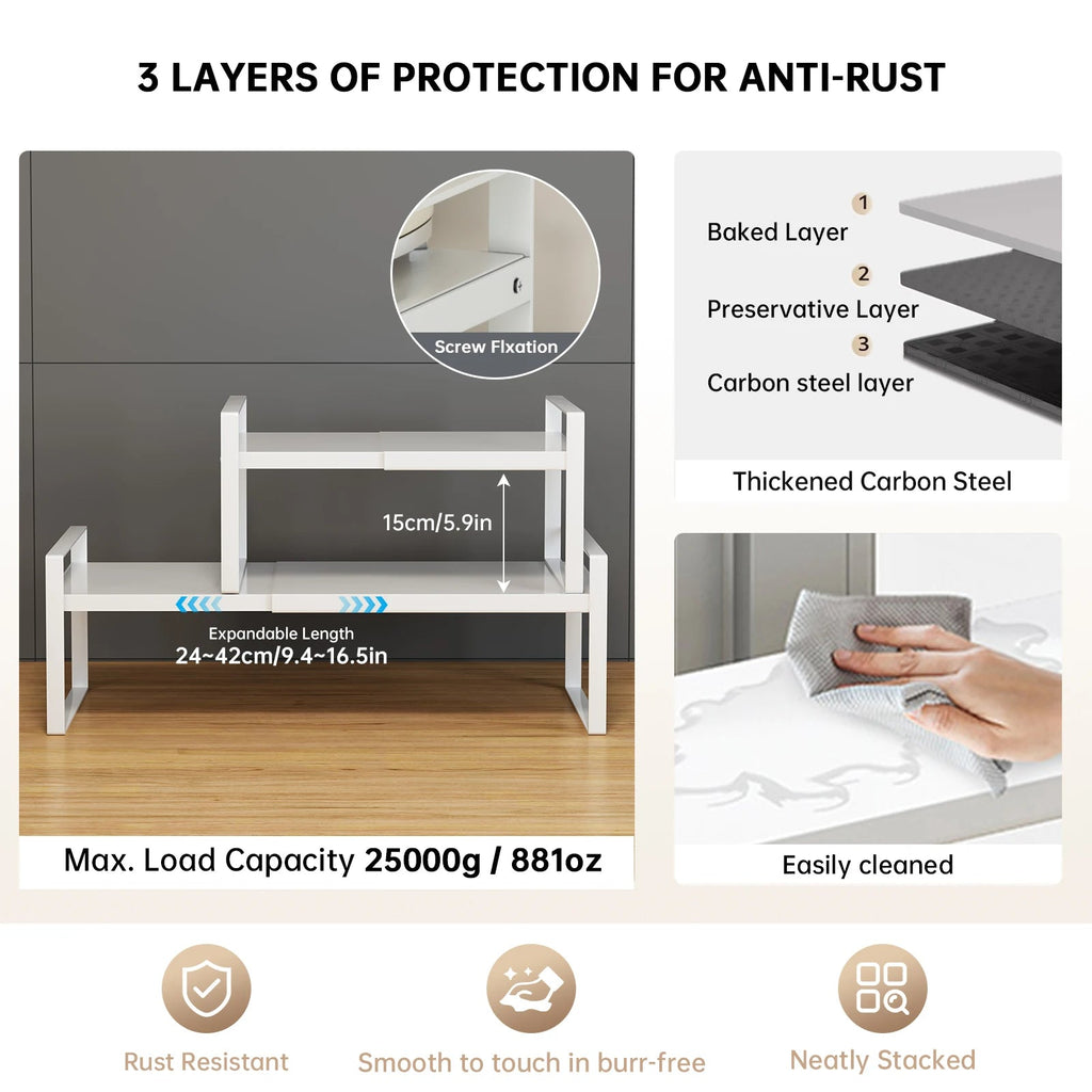 Étagère de rangement extensible pour cuisine - Support multi - niveaux ajustable sous évier et dans armoire - Cuisine Chez Nadine