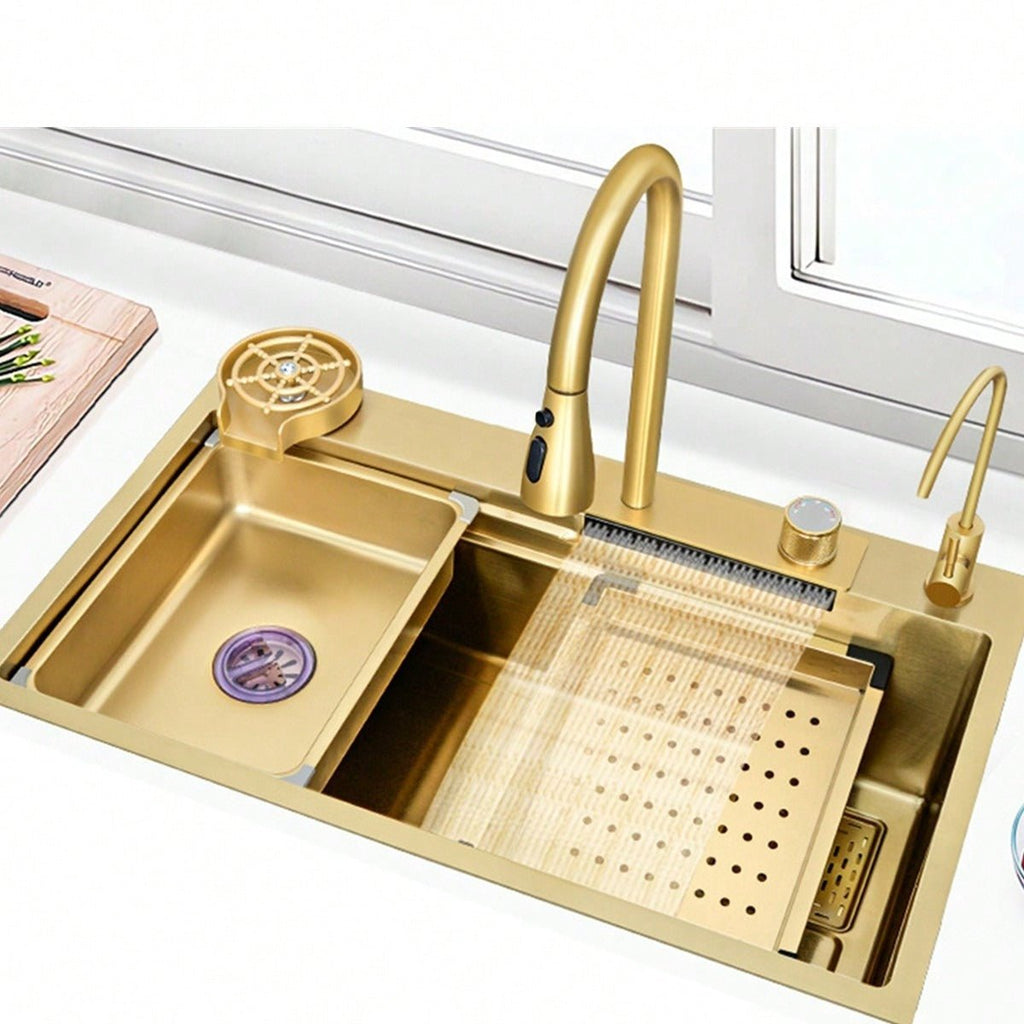 Évier de Cuisine BRONCHO 29,5" x 18" Or avec Robinet à Effet Cascade - Cuisine Chez Nadine