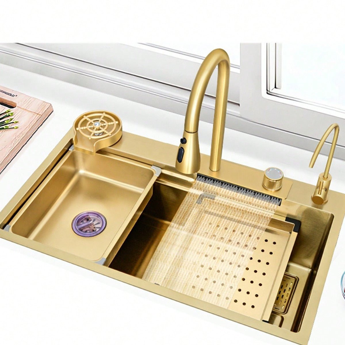 Évier de Cuisine BRONCHO 29,5" x 18" Or avec Robinet à Effet Cascade - Cuisine Chez Nadine