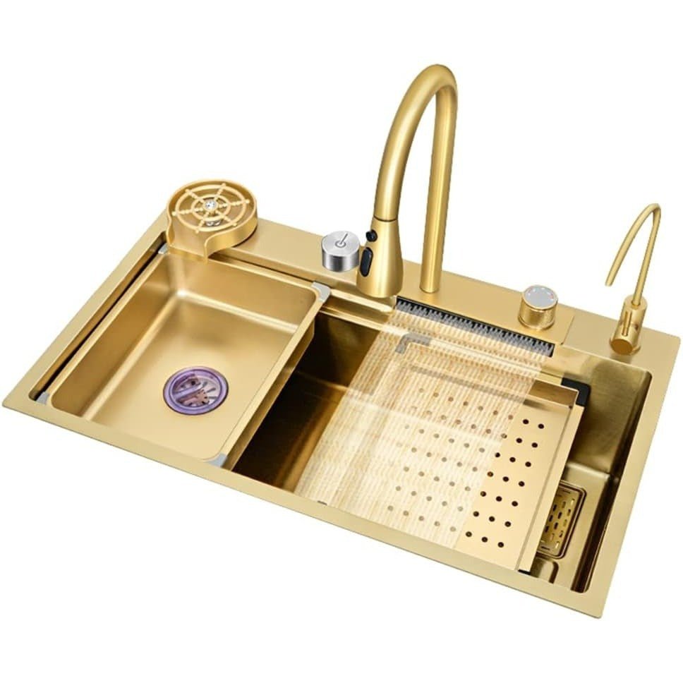 Évier de Cuisine BRONCHO 29,5" x 18" Or avec Robinet à Effet Cascade - Cuisine Chez Nadine