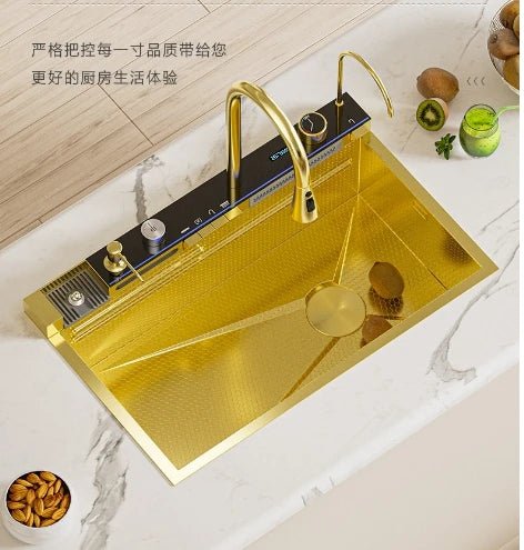 Évier de Cuisine Encastré Gold Stream – Robinet Cascade, Inox 304, Design Moderne Noir et Or - Cuisine Chez Nadine