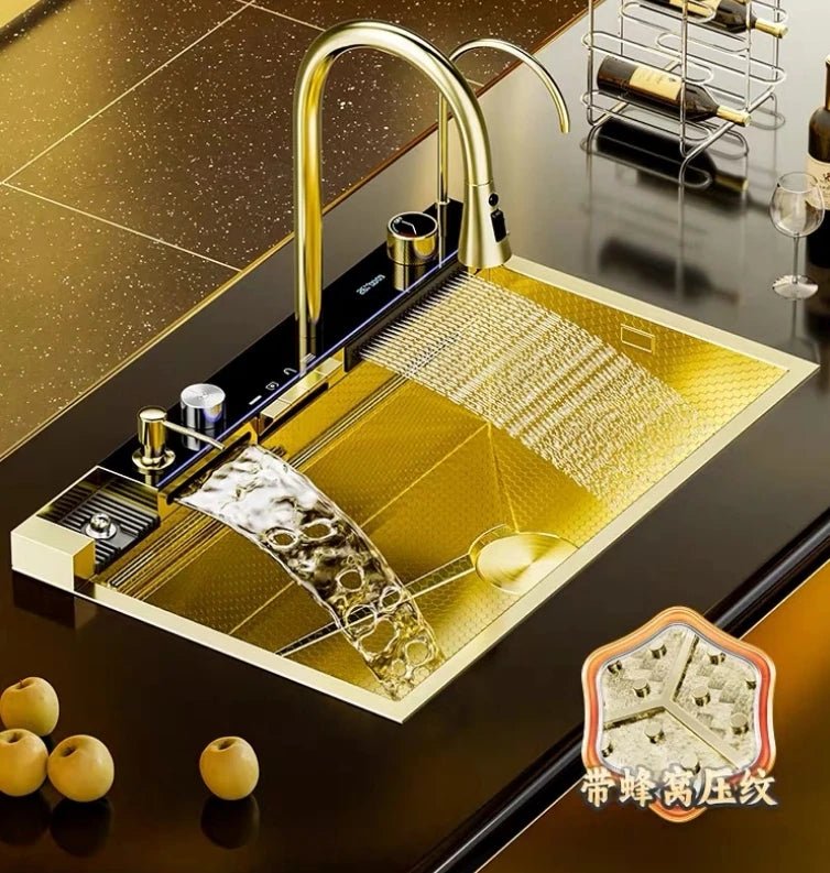 Évier de Cuisine Encastré Gold Stream – Robinet Cascade, Inox 304, Design Moderne Noir et Or - Cuisine Chez Nadine