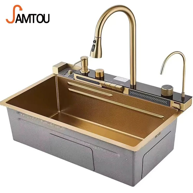 Évier de Cuisine Encastré Gold Stream – Robinet Cascade, Inox 304, Design Moderne Noir et Or - Cuisine Chez Nadine
