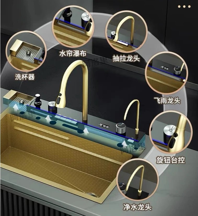 Évier de Cuisine Encastré Gold Stream – Robinet Cascade, Inox 304, Design Moderne Noir et Or - Cuisine Chez Nadine