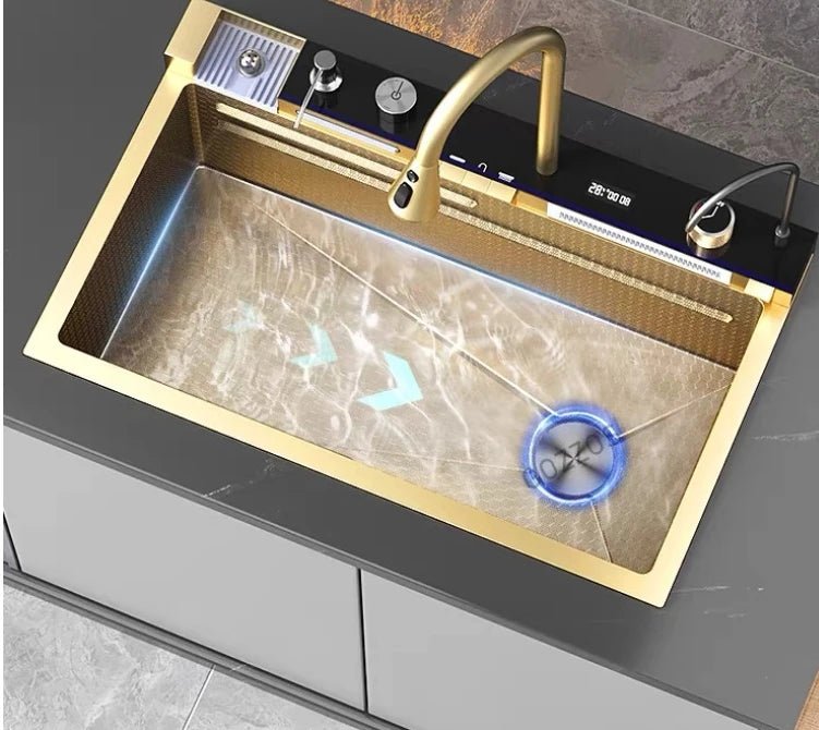 Évier de Cuisine Encastré Gold Stream – Robinet Cascade, Inox 304, Design Moderne Noir et Or - Cuisine Chez Nadine