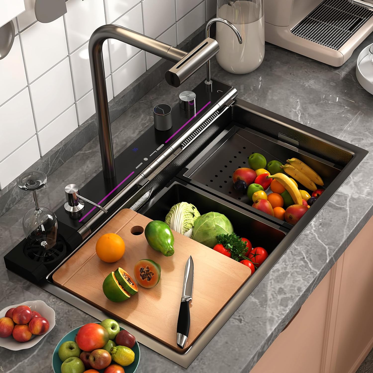Évier de cuisine intelligent Broncho 29,5 x 18,1 pouces - Acier inoxydable 304 avec affichage numérique, double cascade et robinet pivotant - Cuisine Chez Nadine