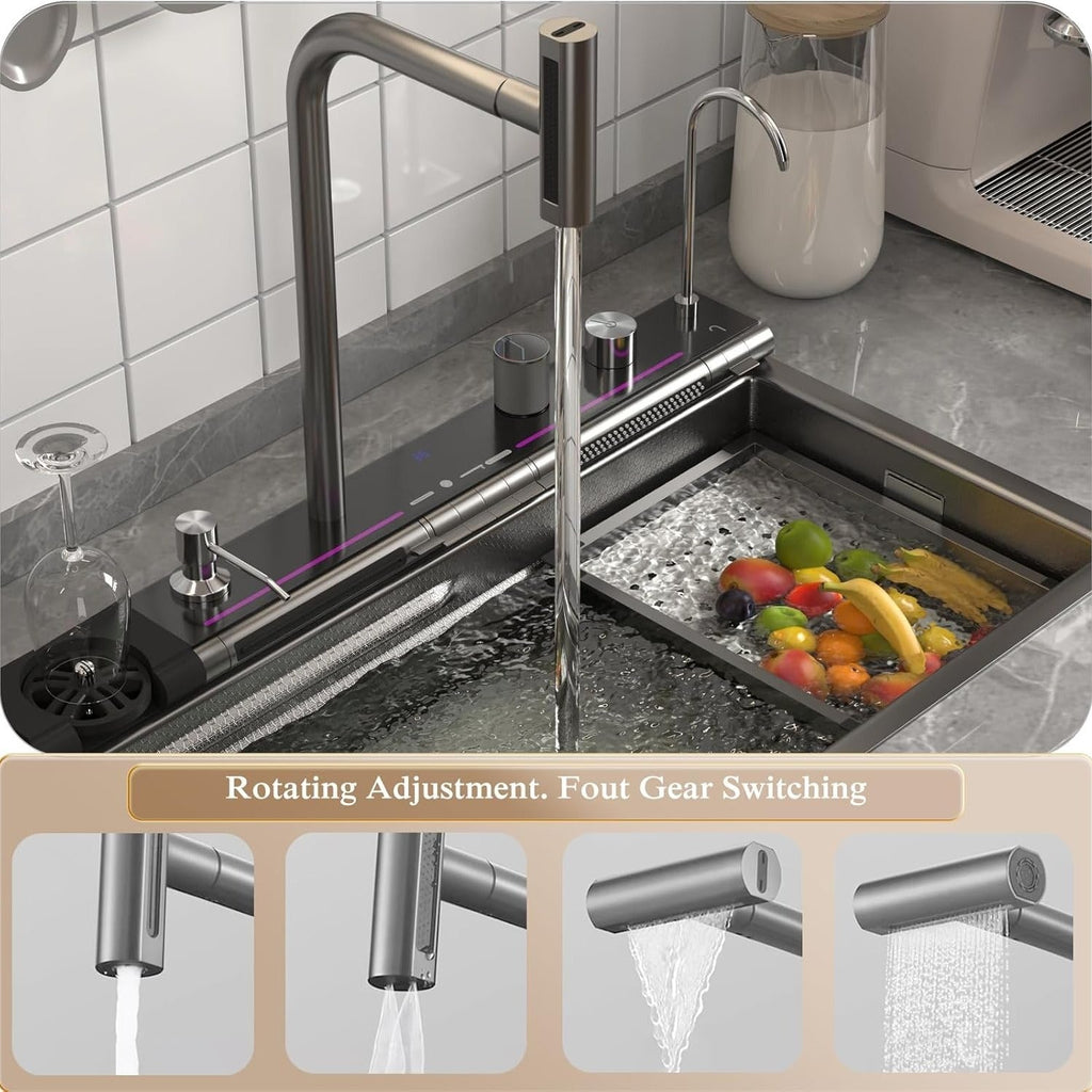 Évier de cuisine intelligent Broncho 29,5 x 18,1 pouces - Acier inoxydable 304 avec affichage numérique, double cascade et robinet pivotant - Cuisine Chez Nadine