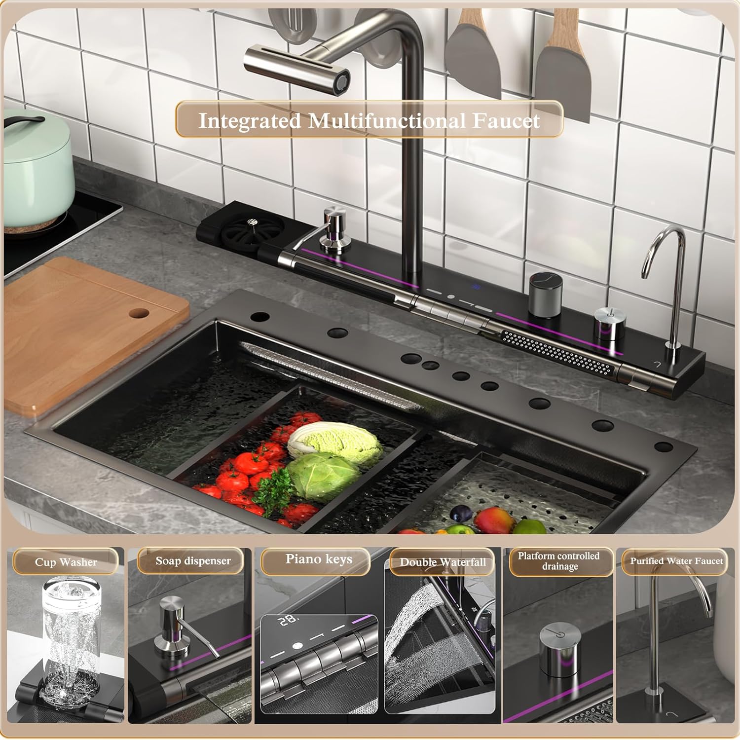 Évier de cuisine intelligent Broncho 29,5 x 18,1 pouces - Acier inoxydable 304 avec affichage numérique, double cascade et robinet pivotant - Cuisine Chez Nadine