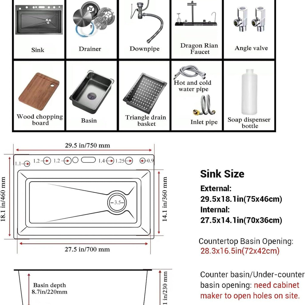 Évier de cuisine intelligent Broncho 29,5 x 18,1 pouces - Acier inoxydable 304 avec affichage numérique, double cascade et robinet pivotant - Cuisine Chez Nadine