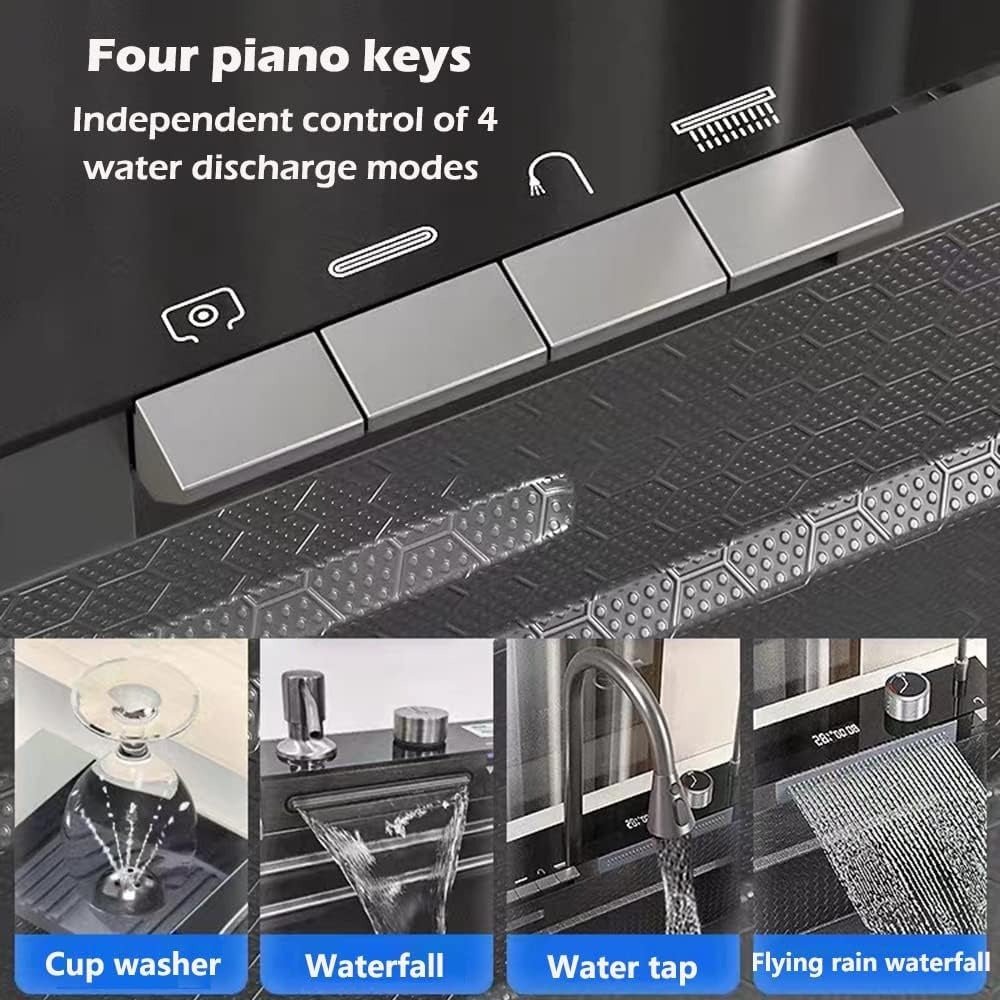 Évier de cuisine intelligent Broncho Nano avec double cascade - Acier inoxydable avec affichage numérique, robinet extractible et accessoires - Station de travail multifonction - Cuisine Chez Nadine