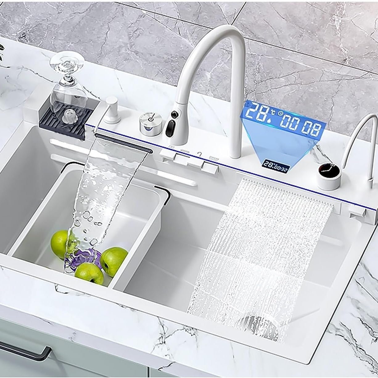 Évier de cuisine intelligent Broncho Nano avec double cascade - Acier inoxydable avec affichage numérique, robinet extractible et accessoires - Station de travail multifonction - Cuisine Chez Nadine