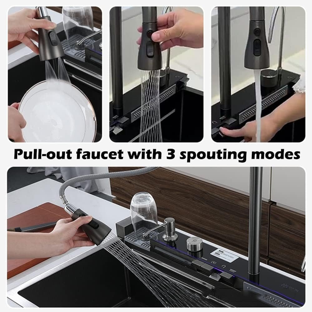 Évier de cuisine intelligent Broncho Nano avec double cascade - Acier inoxydable avec affichage numérique, robinet extractible et accessoires - Station de travail multifonction - Cuisine Chez Nadine