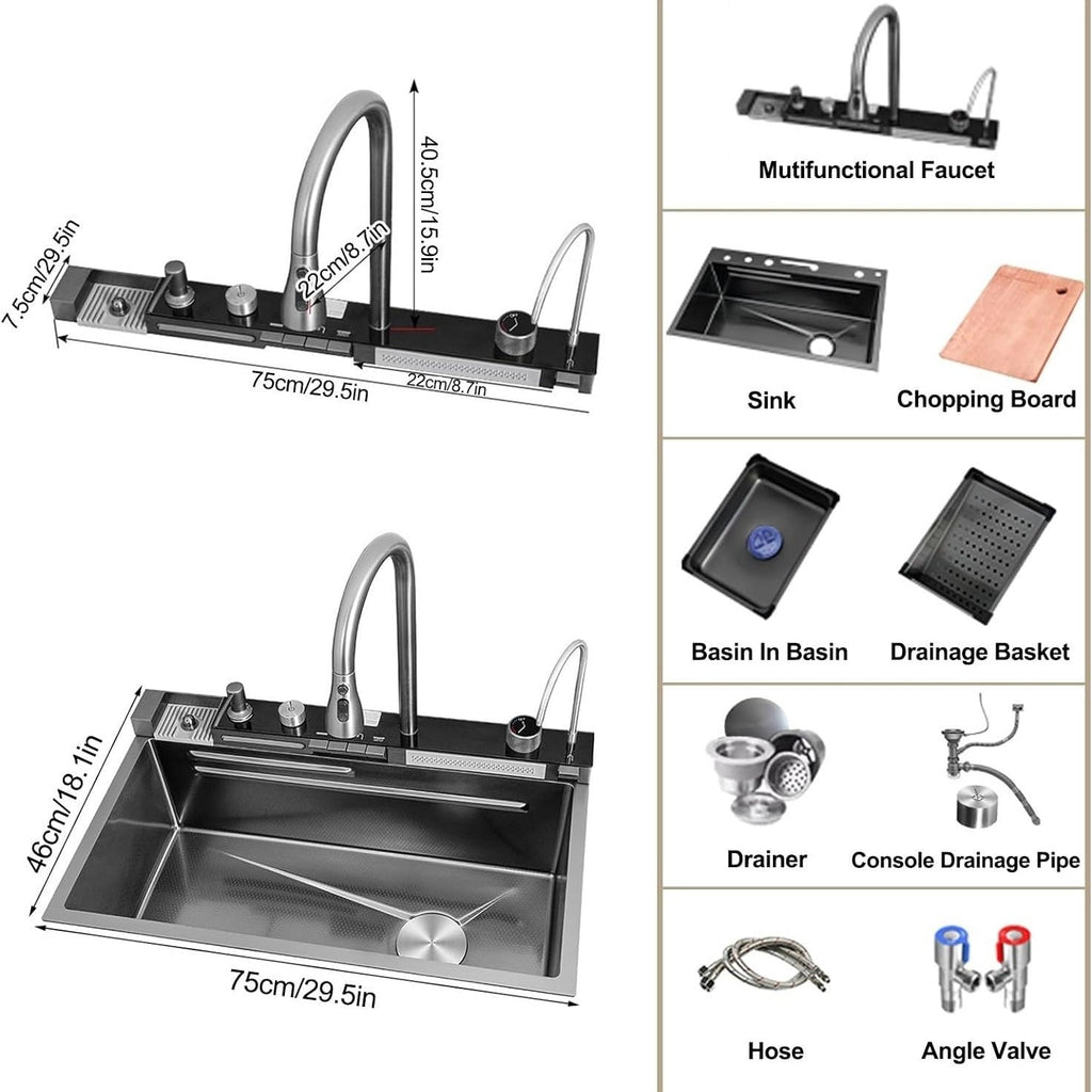 Évier de cuisine intelligent Broncho Nano avec double cascade - Acier inoxydable avec affichage numérique, robinet extractible et accessoires - Station de travail multifonction - Cuisine Chez Nadine