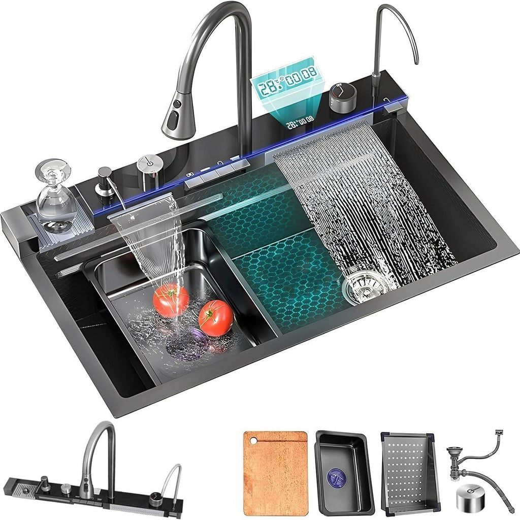 Évier de cuisine intelligent Broncho Nano avec double cascade - Acier inoxydable avec affichage numérique, robinet extractible et accessoires - Station de travail multifonction - Cuisine Chez Nadine