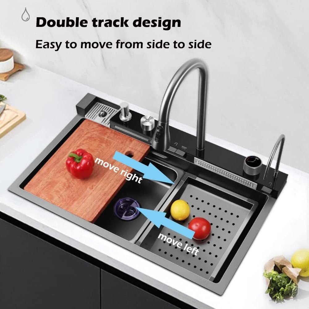Évier de cuisine intelligent Broncho Nano avec double cascade - Acier inoxydable avec affichage numérique, robinet extractible et accessoires - Station de travail multifonction - Cuisine Chez Nadine