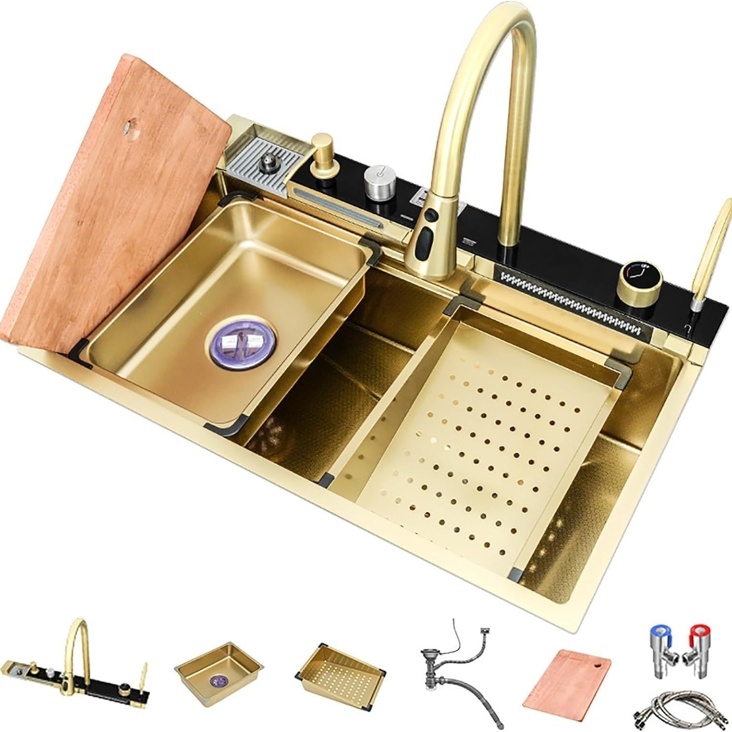 Évier de cuisine intelligent Broncho Nano avec double cascade - Acier inoxydable avec affichage numérique, robinet extractible et accessoires - Station de travail multifonction - Cuisine Chez Nadine