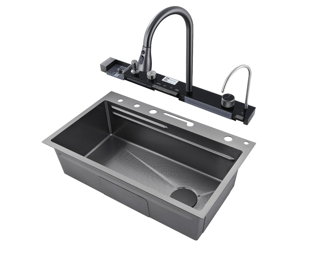 Évier de Cuisine Intelligent en Inox – Affichage Digital, Rince - Tasse, Finition Nano Noire - Cuisine Chez Nadine