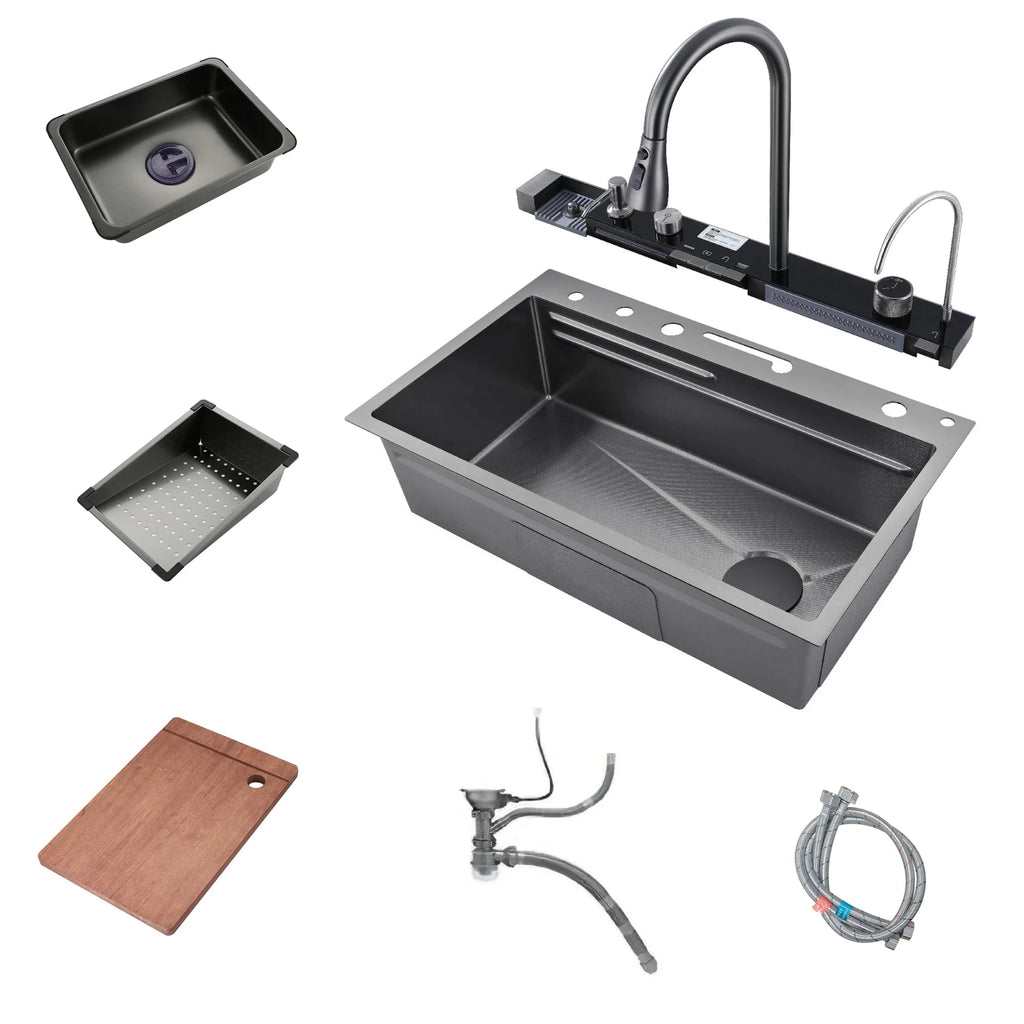 Évier de Cuisine Intelligent en Inox – Affichage Digital, Rince - Tasse, Finition Nano Noire - Cuisine Chez Nadine