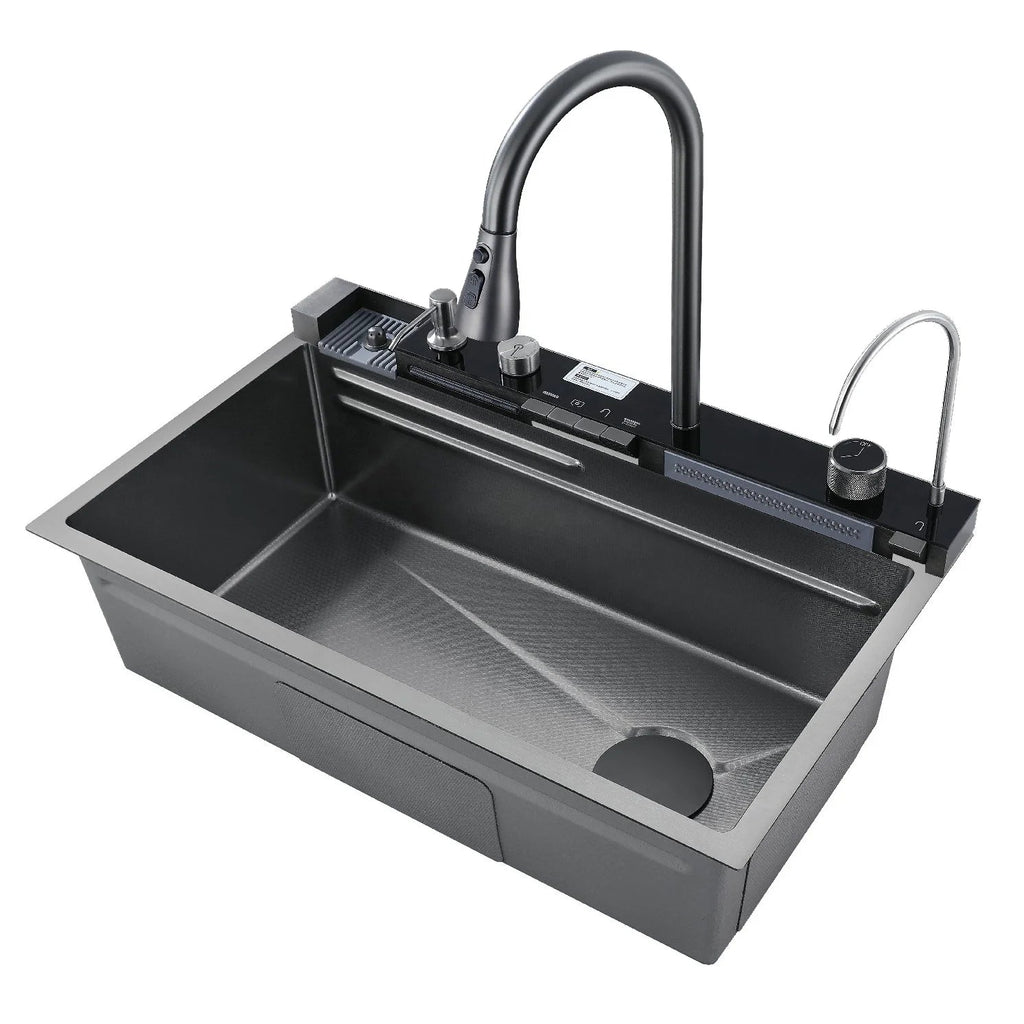 Évier de Cuisine Intelligent en Inox – Affichage Digital, Rince - Tasse, Finition Nano Noire - Cuisine Chez Nadine